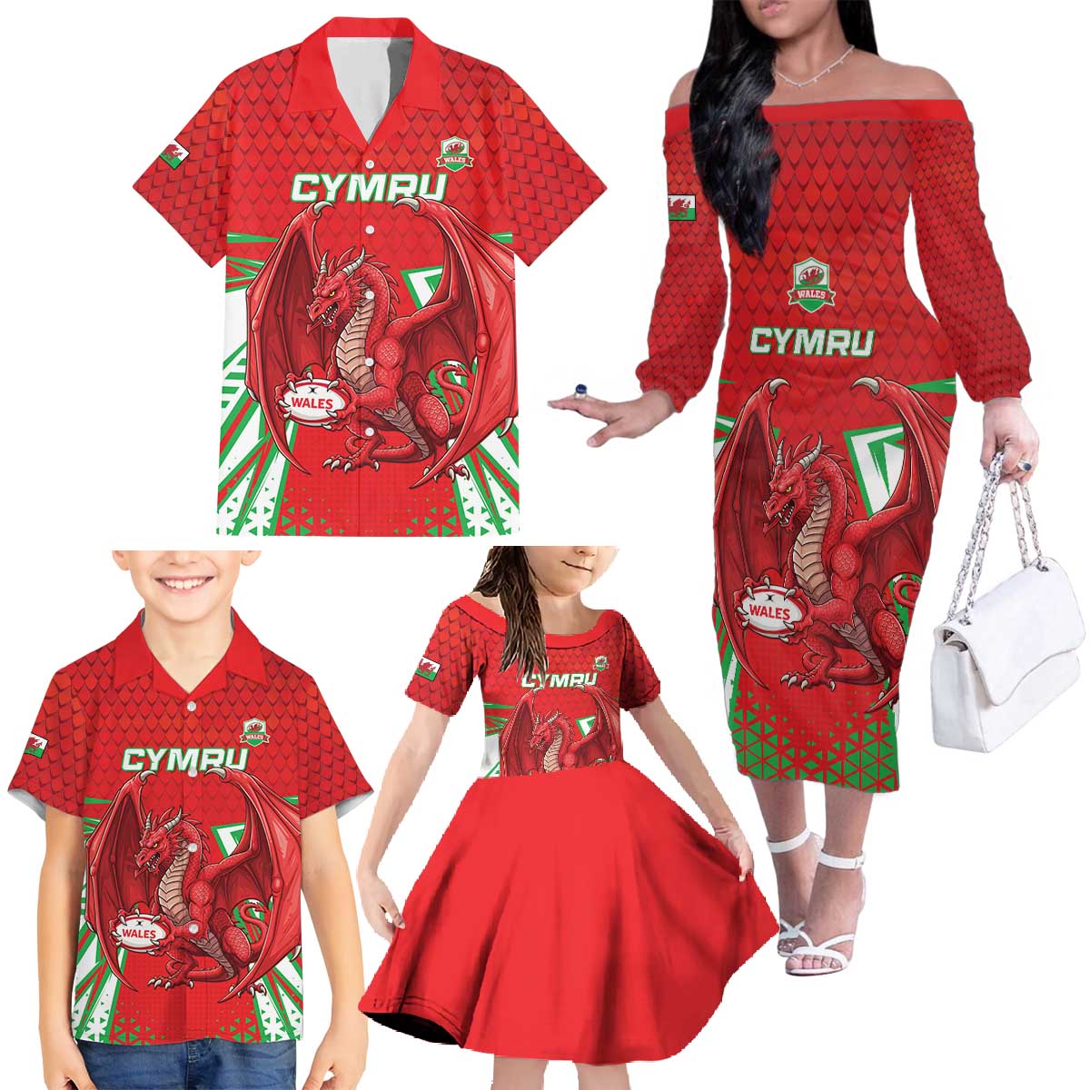 Wales Rugby Custom Family Matching Off The Shoulder Long Sleeve Dress and Hawaiian Shirt Dragon Scales Style - Wonder Print Shop