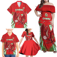 Wales Rugby Custom Family Matching Off Shoulder Maxi Dress and Hawaiian Shirt Dragon Scales Style - Wonder Print Shop