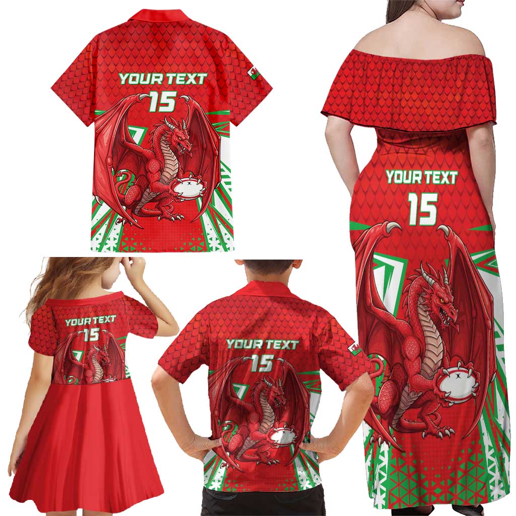 Wales Rugby Custom Family Matching Off Shoulder Maxi Dress and Hawaiian Shirt Dragon Scales Style - Wonder Print Shop