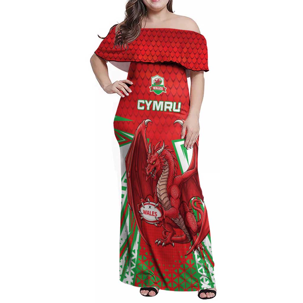 Wales Rugby Custom Family Matching Off Shoulder Maxi Dress and Hawaiian Shirt Dragon Scales Style - Wonder Print Shop