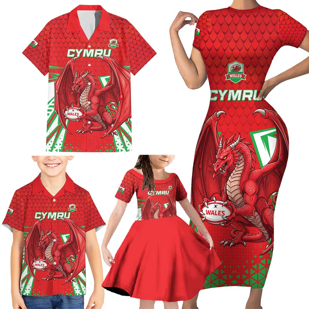 Wales Rugby Custom Family Matching Short Sleeve Bodycon Dress and Hawaiian Shirt Dragon Scales Style - Wonder Print Shop