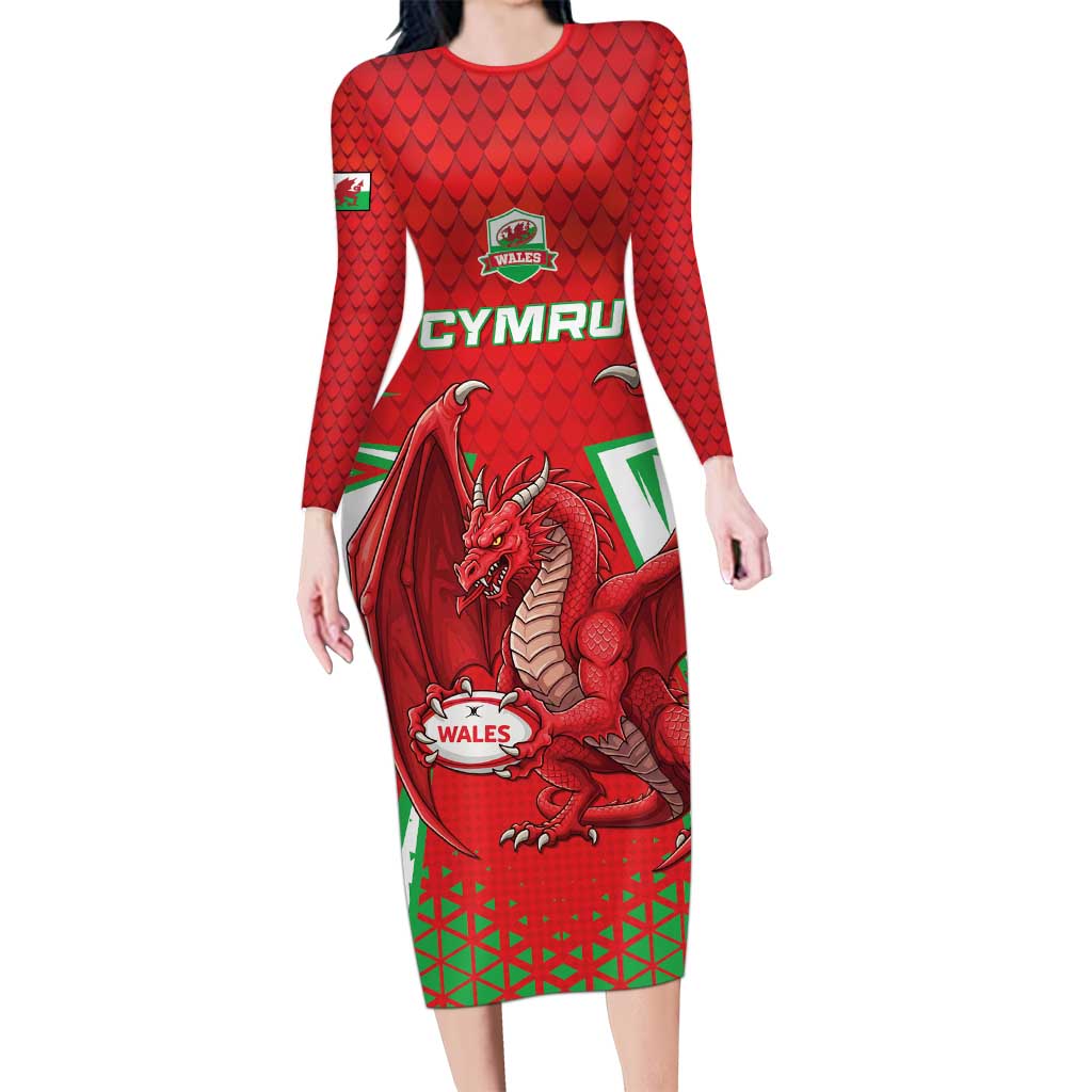 Wales Rugby Custom Long Sleeve Bodycon Dress Dragon Scales Style - Wonder Print Shop