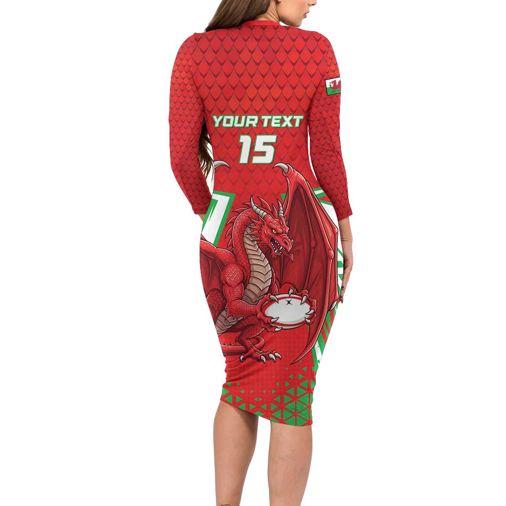 Wales Rugby Custom Long Sleeve Bodycon Dress Dragon Scales Style - Wonder Print Shop
