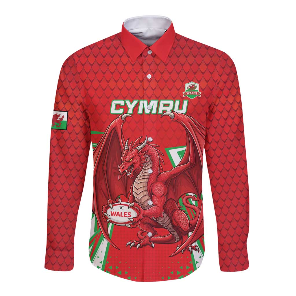 Wales Rugby Custom Long Sleeve Button Shirt Dragon Scales Style - Wonder Print Shop
