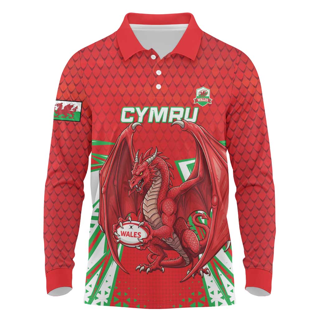 Wales Rugby Custom Long Sleeve Polo Shirt Dragon Scales Style - Wonder Print Shop