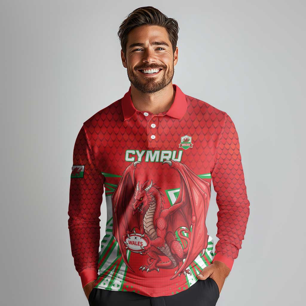 Wales Rugby Custom Long Sleeve Polo Shirt Dragon Scales Style - Wonder Print Shop