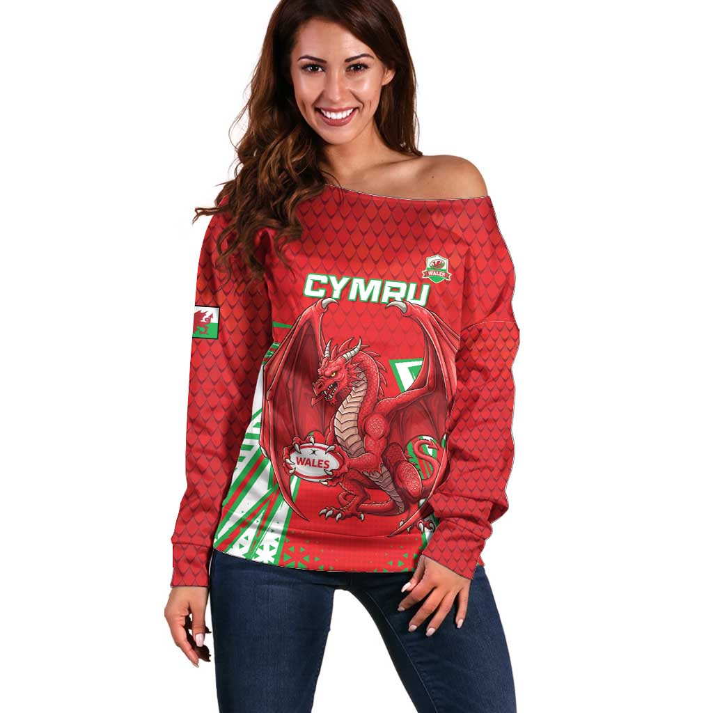 Wales Rugby Custom Off Shoulder Sweater Dragon Scales Style - Wonder Print Shop