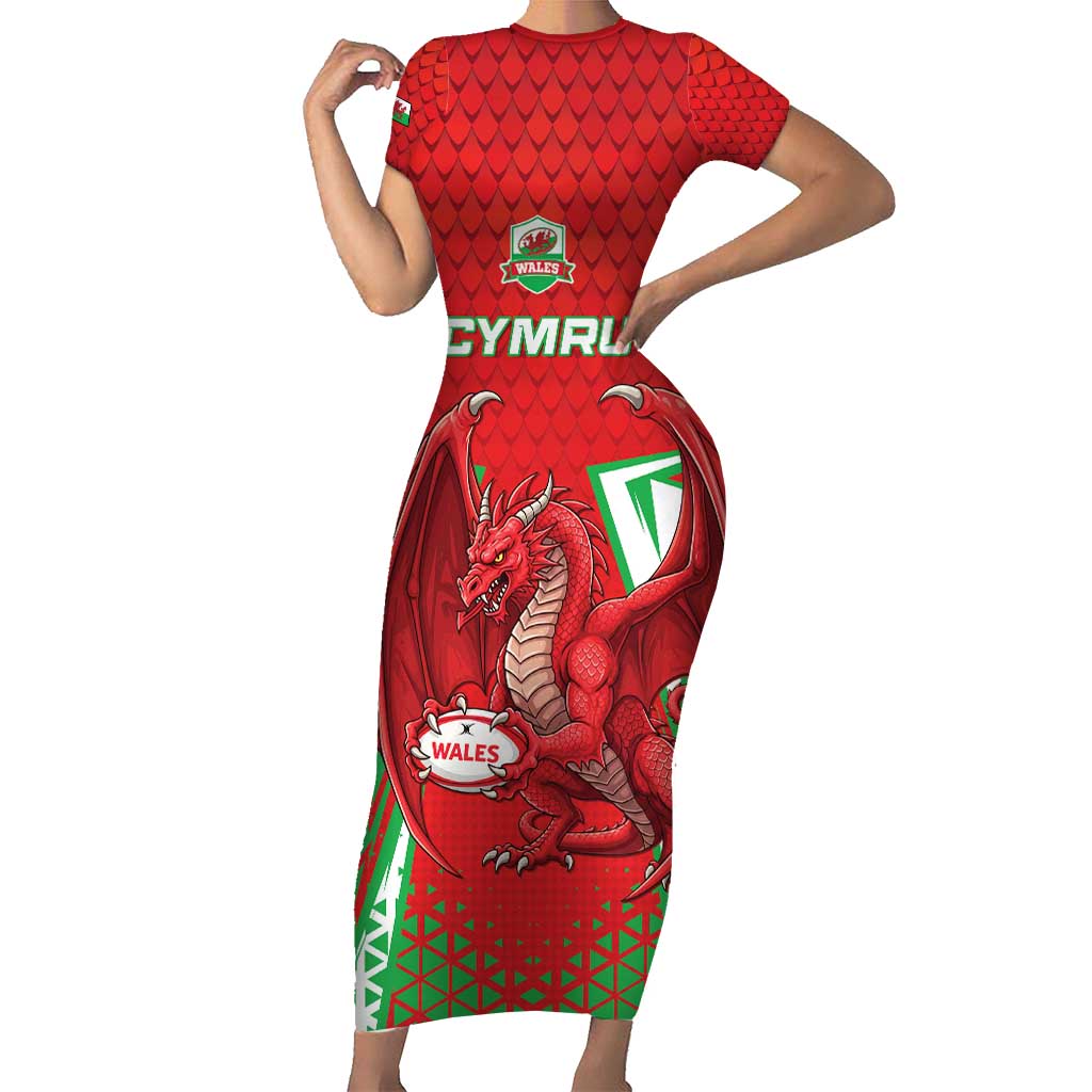 Wales Rugby Custom Short Sleeve Bodycon Dress Dragon Scales Style - Wonder Print Shop