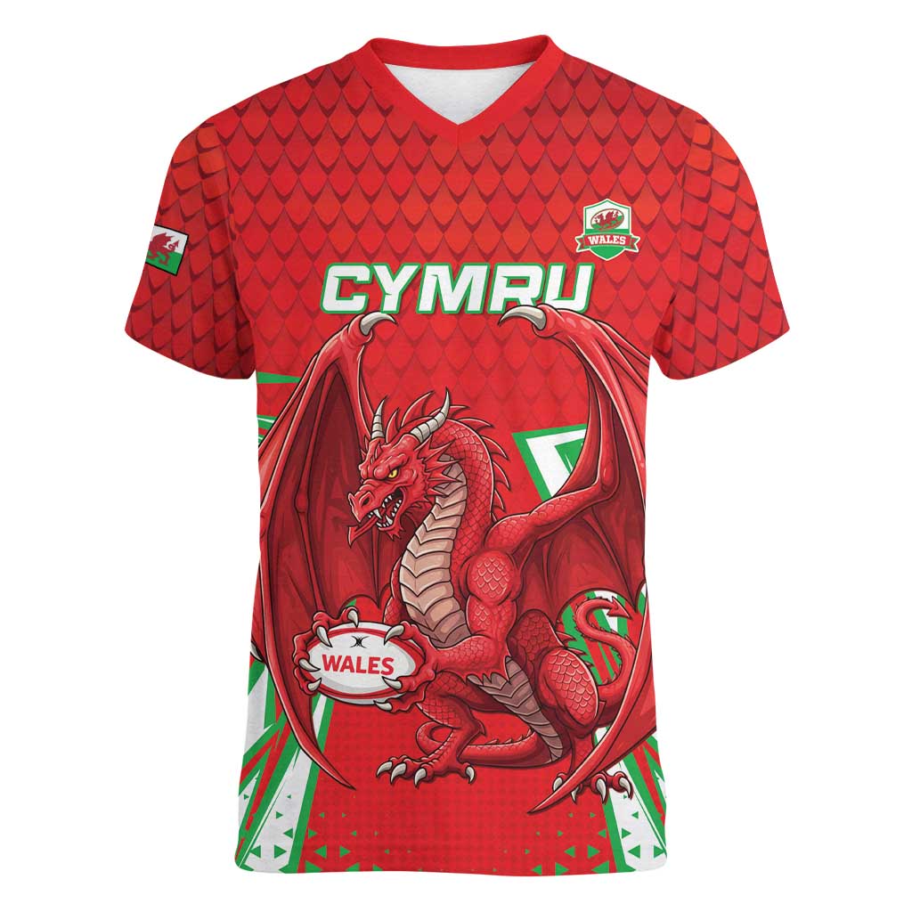 Wales Rugby Custom Women V-Neck T-Shirt Dragon Scales Style - Wonder Print Shop