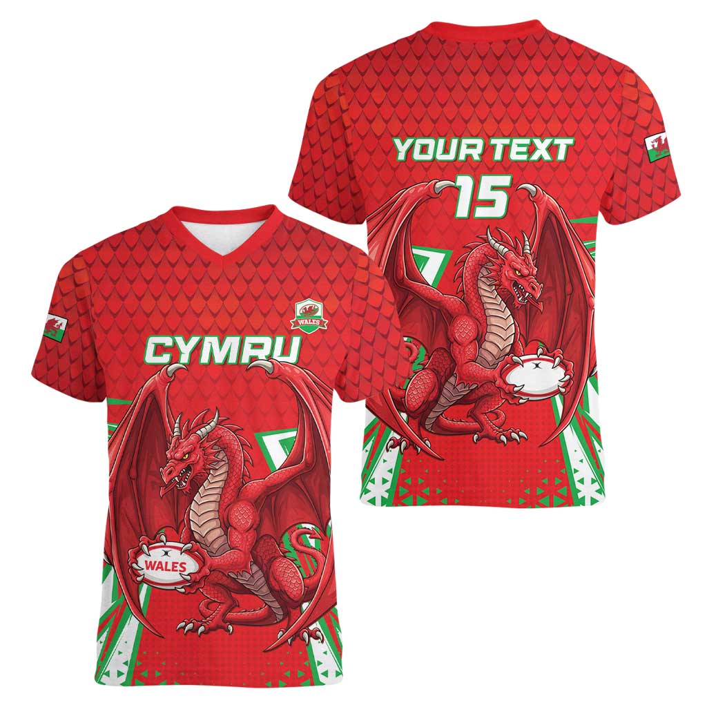 Wales Rugby Custom Women V-Neck T-Shirt Dragon Scales Style - Wonder Print Shop