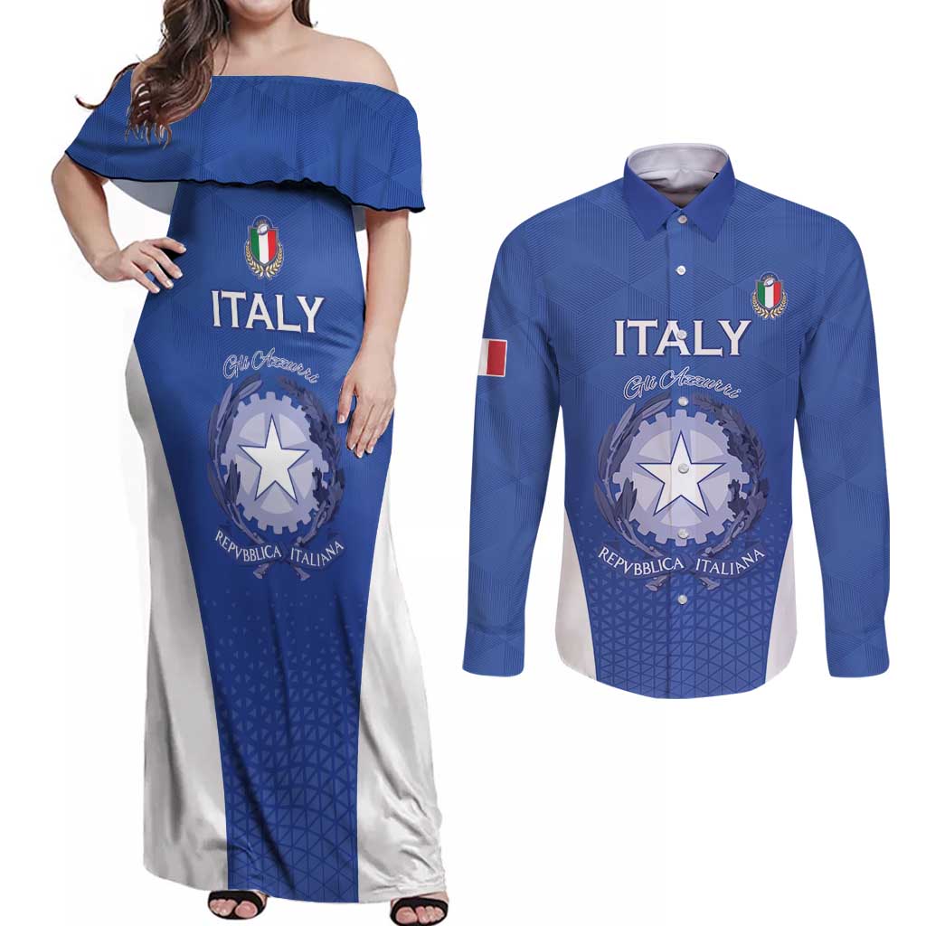 Italy Rugby Custom Couples Matching Off Shoulder Maxi Dress and Long Sleeve Button Shirt Go Gli Azzurri - Wonder Print Shop