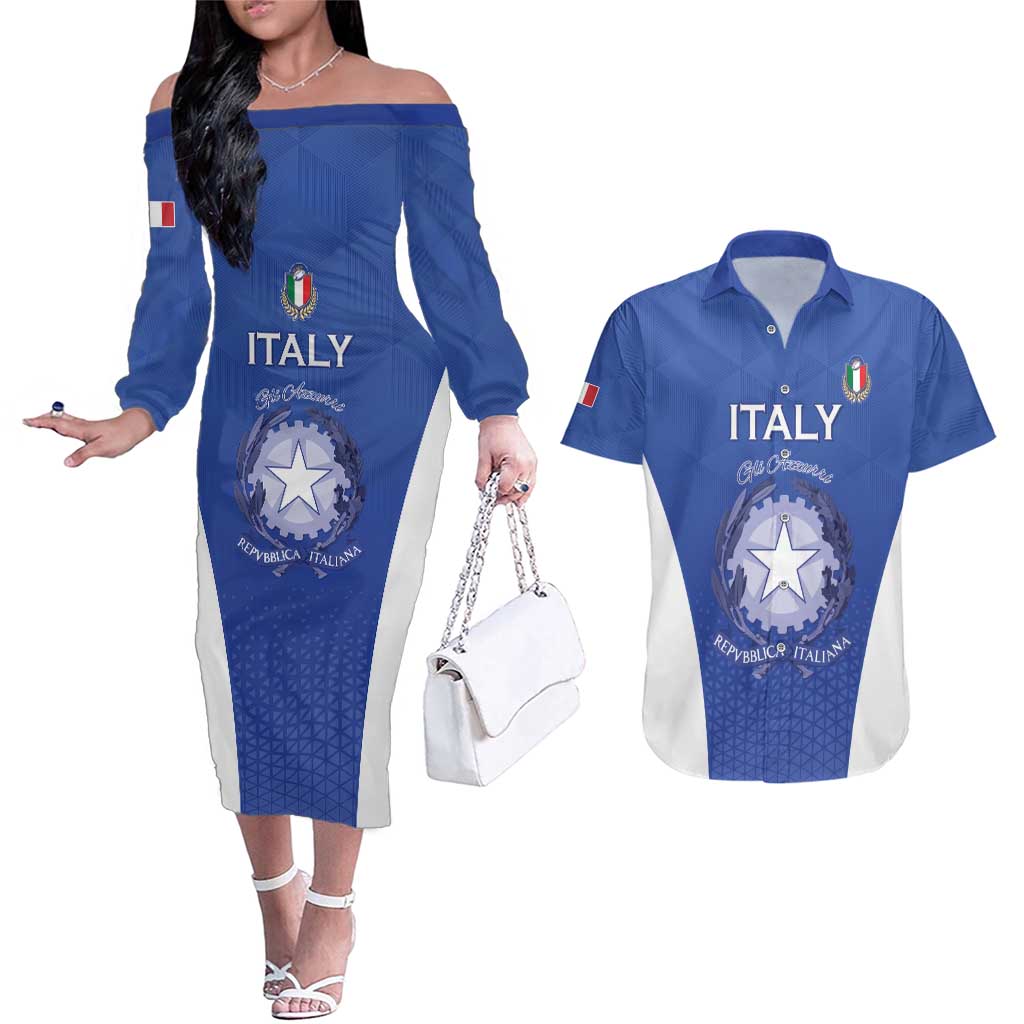 Italy Rugby Custom Couples Matching Off The Shoulder Long Sleeve Dress and Hawaiian Shirt Go Gli Azzurri - Wonder Print Shop