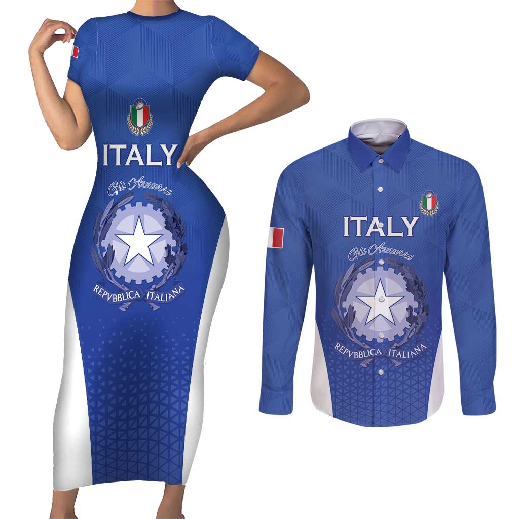 Italy Rugby Custom Couples Matching Short Sleeve Bodycon Dress and Long Sleeve Button Shirt Go Gli Azzurri - Wonder Print Shop