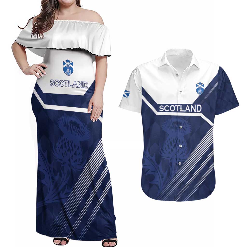 Scotland Rugby Custom Couples Matching Off Shoulder Maxi Dress and Hawaiian Shirt Come On Thistle - Wonder Print Shop