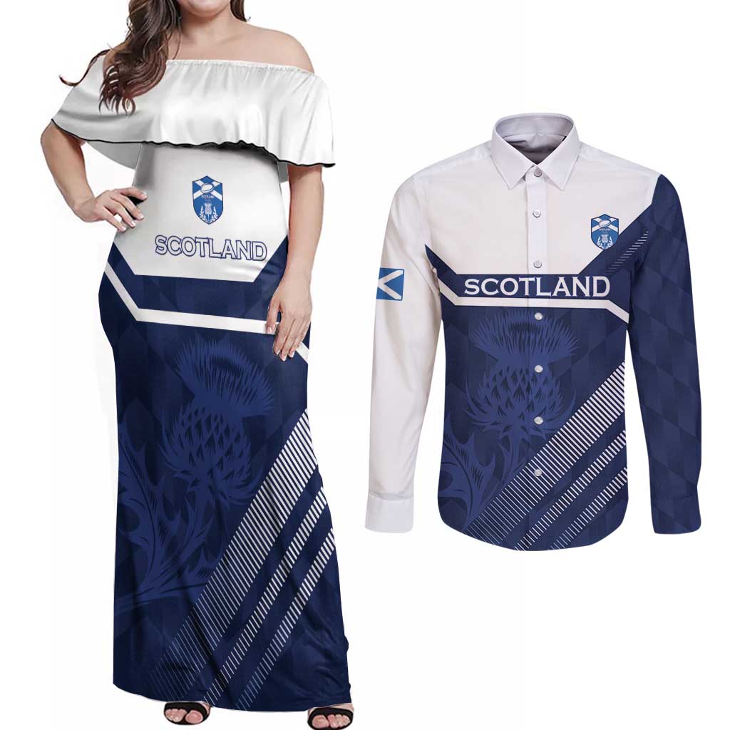 Scotland Rugby Custom Couples Matching Off Shoulder Maxi Dress and Long Sleeve Button Shirt Come On Thistle - Wonder Print Shop