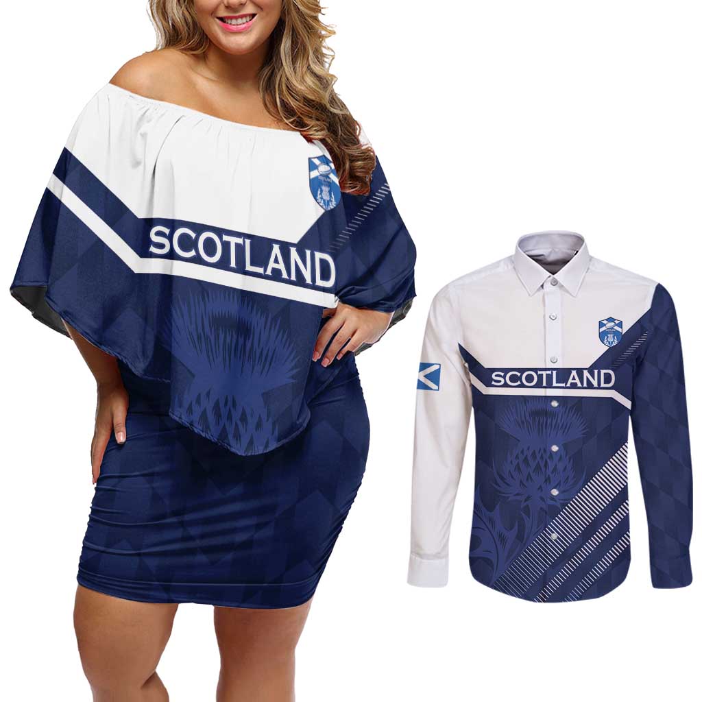 Scotland Rugby Custom Couples Matching Off Shoulder Short Dress and Long Sleeve Button Shirt Come On Thistle - Wonder Print Shop