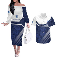Scotland Rugby Custom Couples Matching Off The Shoulder Long Sleeve Dress and Hawaiian Shirt Come On Thistle - Wonder Print Shop