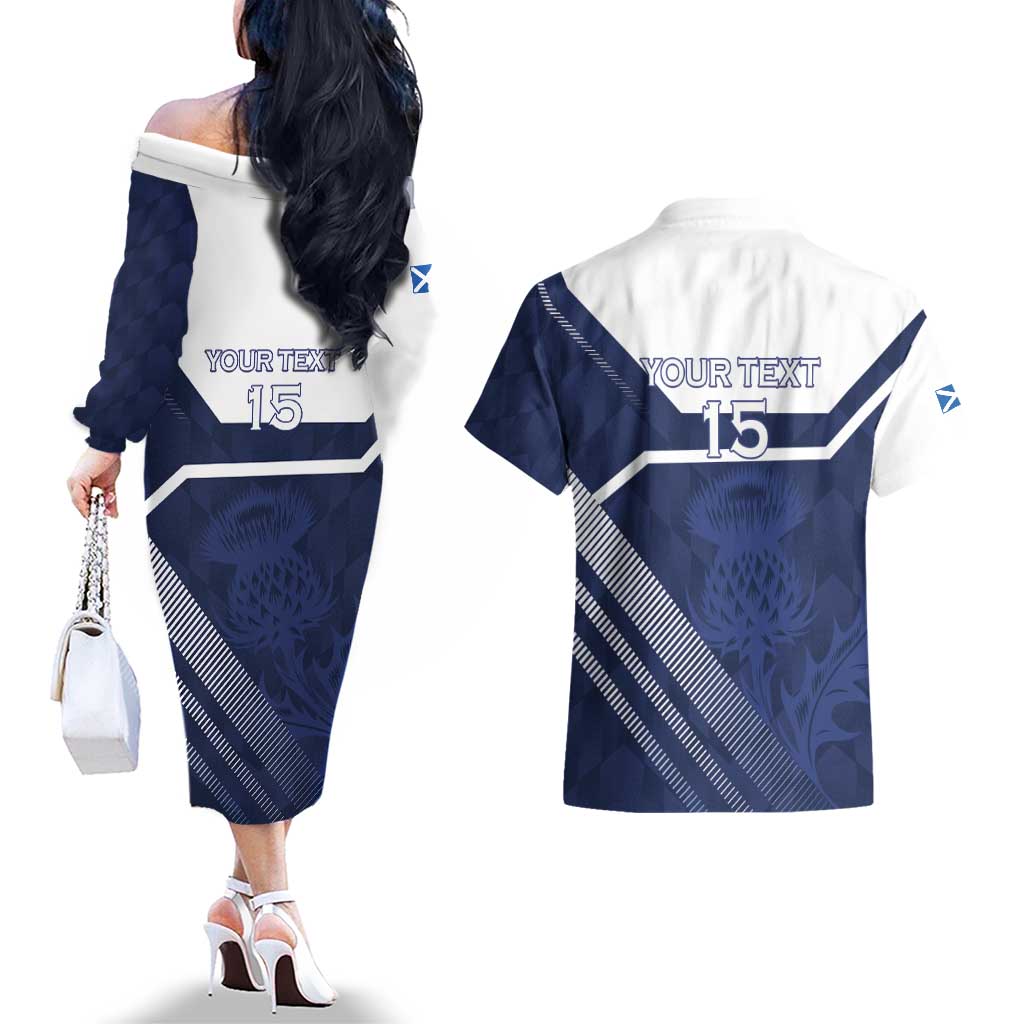 Scotland Rugby Custom Couples Matching Off The Shoulder Long Sleeve Dress and Hawaiian Shirt Come On Thistle - Wonder Print Shop