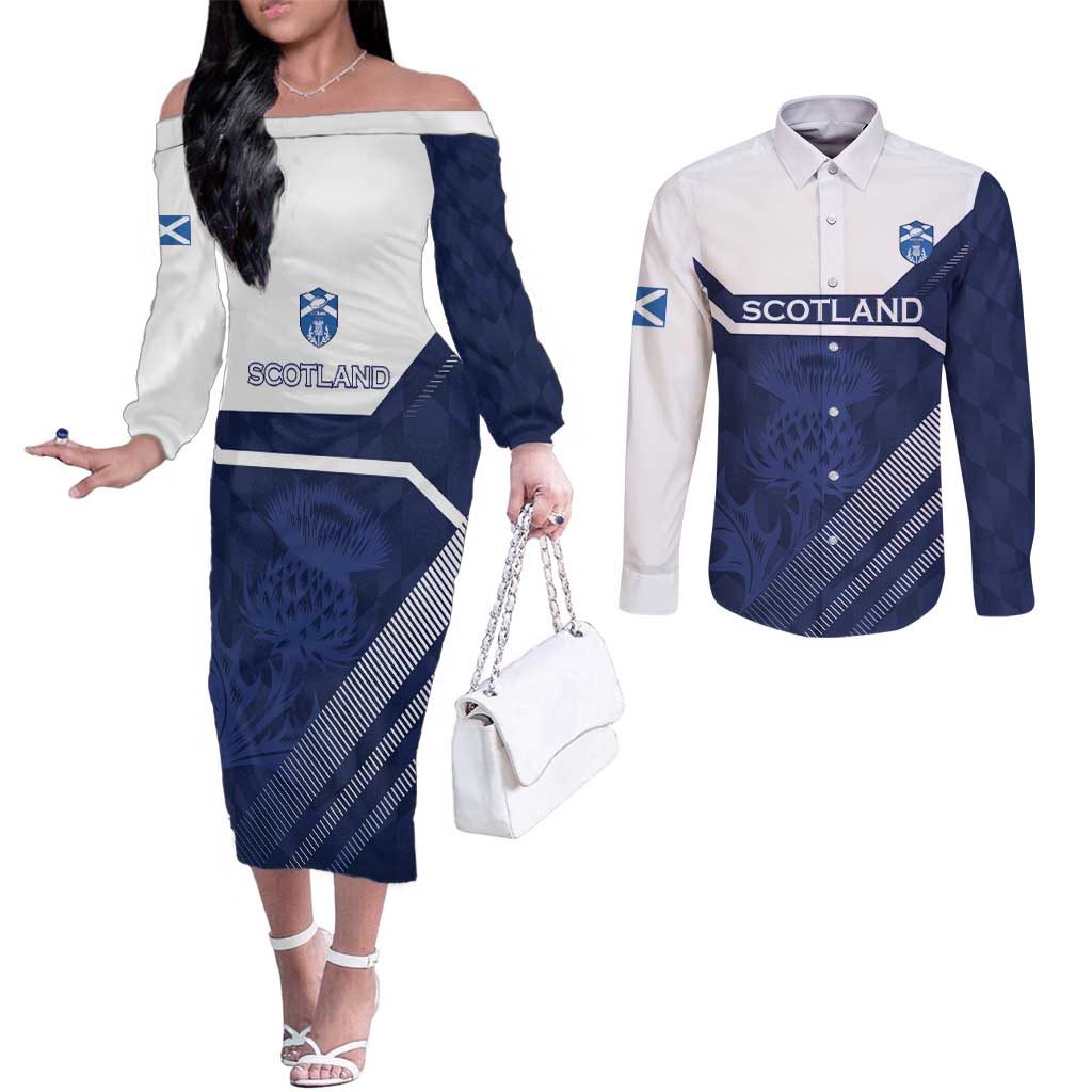 Scotland Rugby Custom Couples Matching Off The Shoulder Long Sleeve Dress and Long Sleeve Button Shirt Come On Thistle - Wonder Print Shop