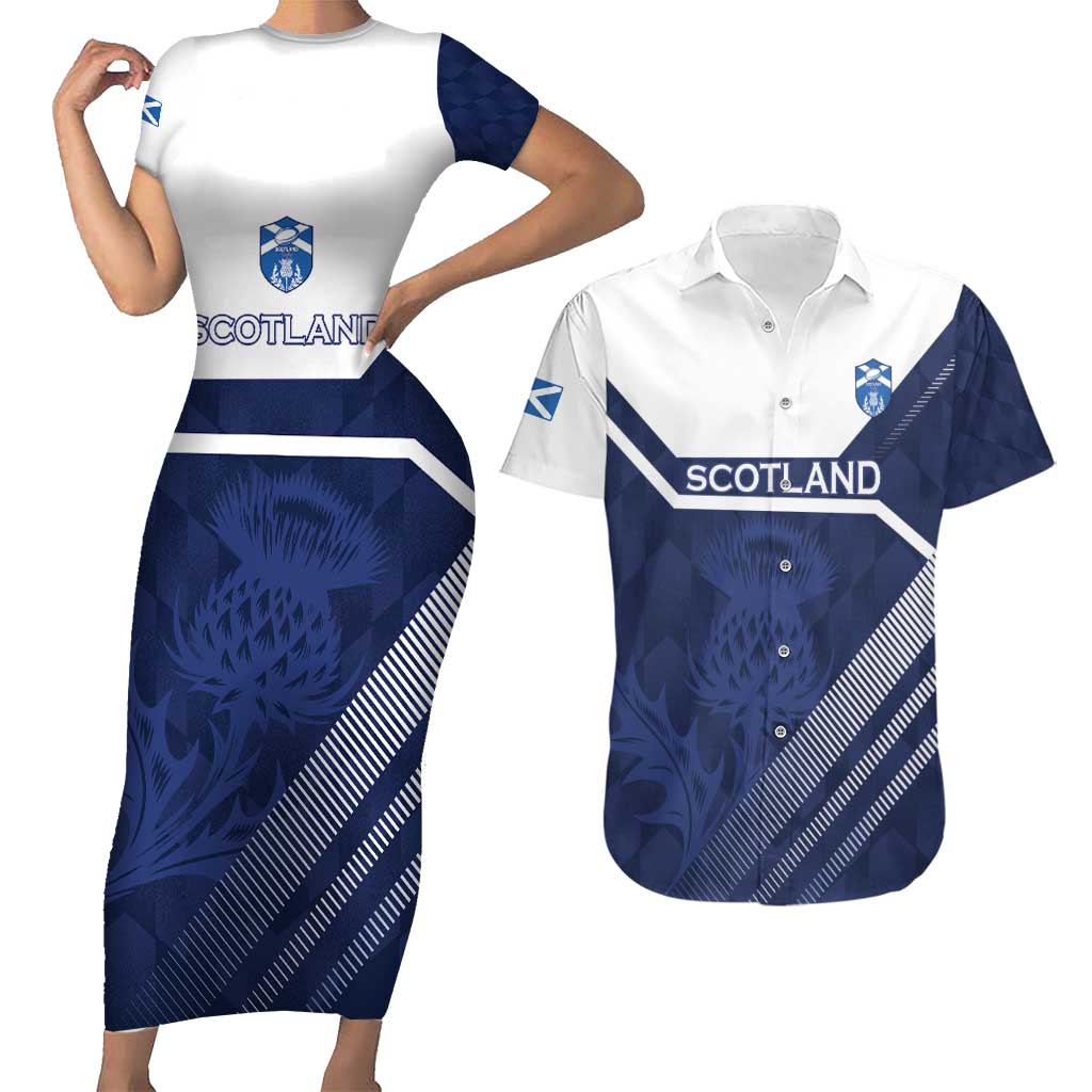Scotland Rugby Custom Couples Matching Short Sleeve Bodycon Dress and Hawaiian Shirt Come On Thistle - Wonder Print Shop