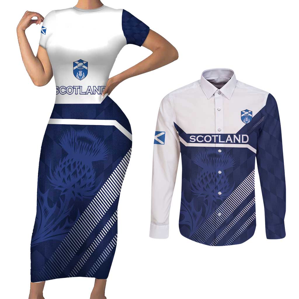 Scotland Rugby Custom Couples Matching Short Sleeve Bodycon Dress and Long Sleeve Button Shirt Come On Thistle - Wonder Print Shop