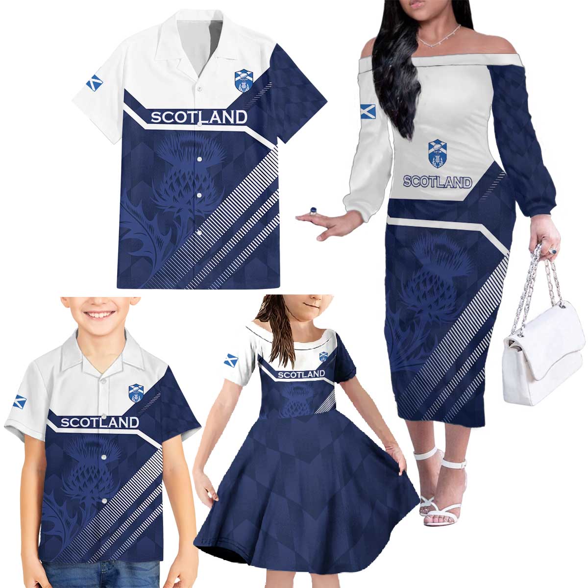 Scotland Rugby Custom Family Matching Off The Shoulder Long Sleeve Dress and Hawaiian Shirt Come On Thistle - Wonder Print Shop