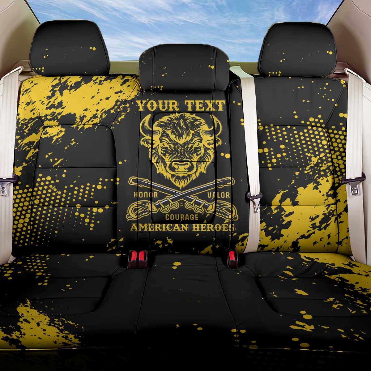 Personalized Bison Buffalo Soldiers Back Car Seat Cover American Heroes - Black Grunge Style - Wonder Print Shop