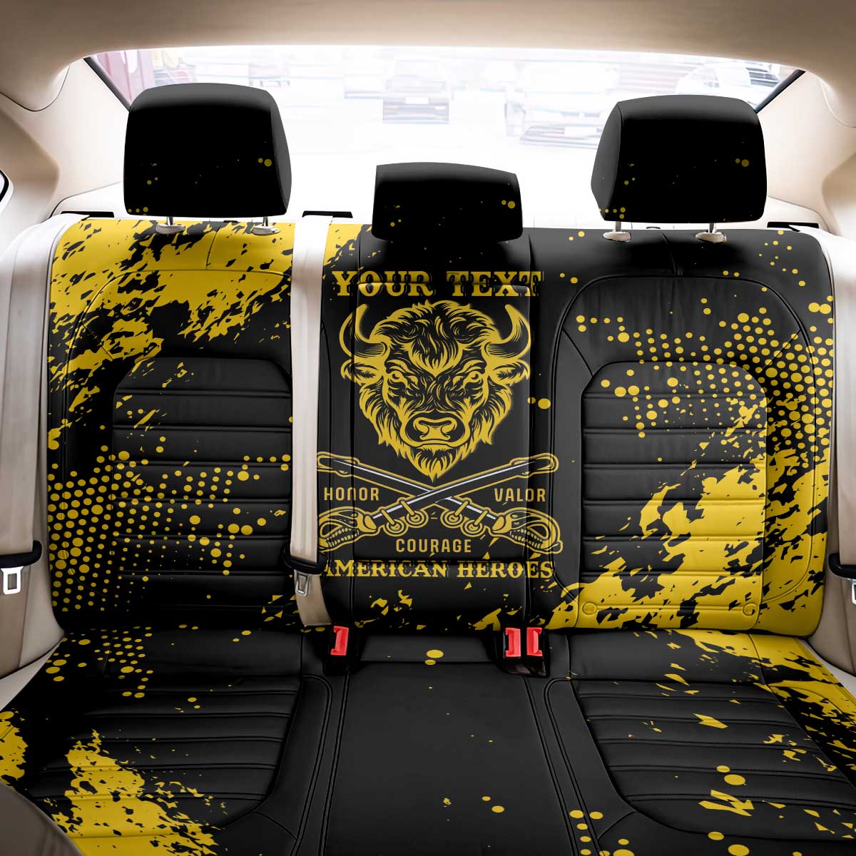 Personalized Bison Buffalo Soldiers Back Car Seat Cover American Heroes - Black Grunge Style - Wonder Print Shop