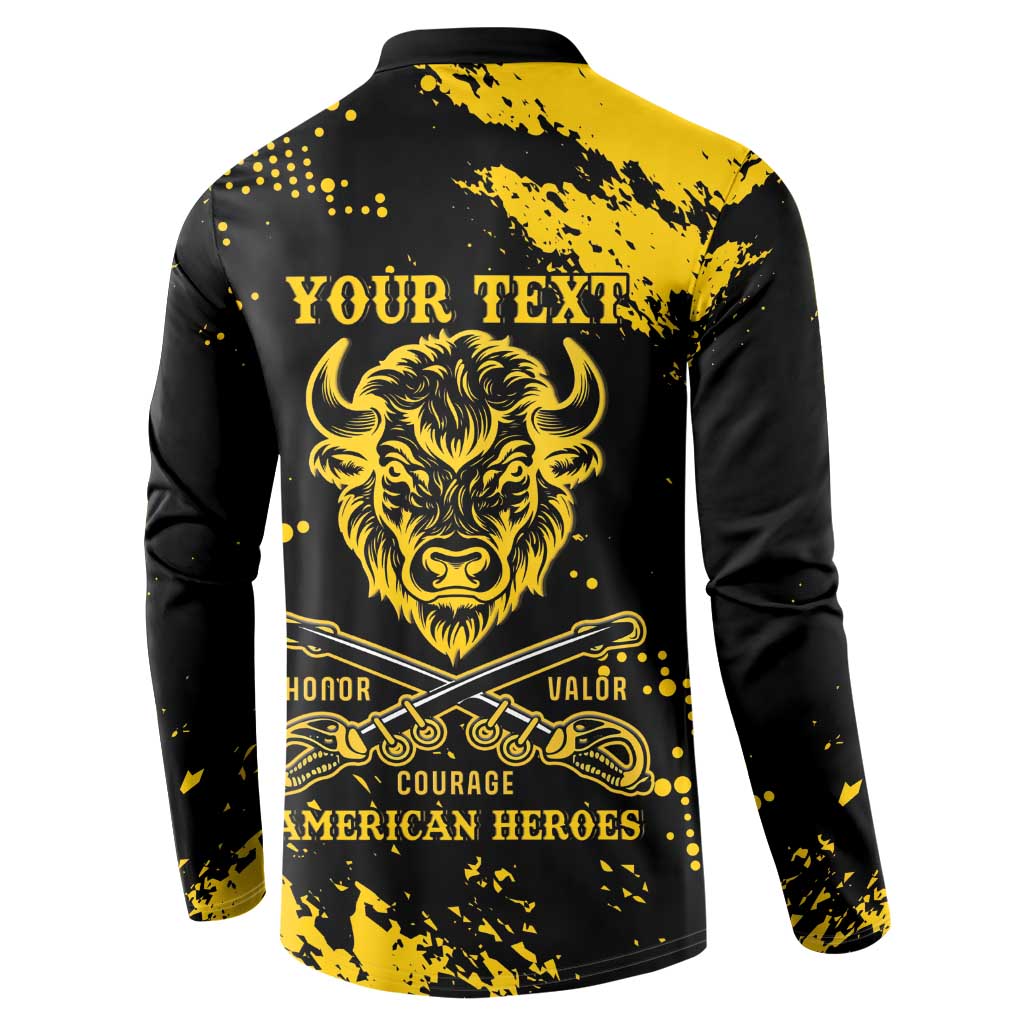 Personalized Bison Buffalo Soldiers Button Sweatshirt American Heroes - Black Grunge Style - Wonder Print Shop