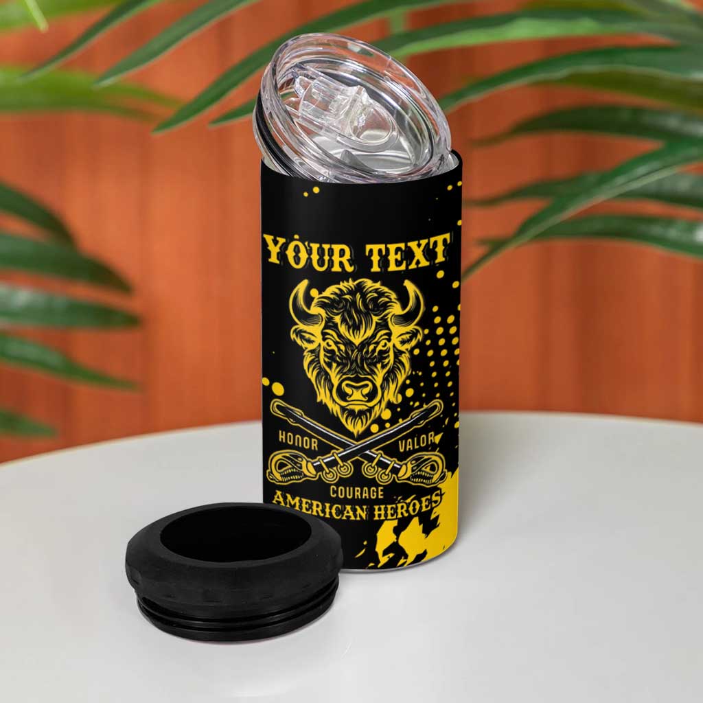 Personalized Bison Buffalo Soldiers 4 in 1 Can Cooler Tumbler American Heroes - Black Grunge Style - Wonder Print Shop