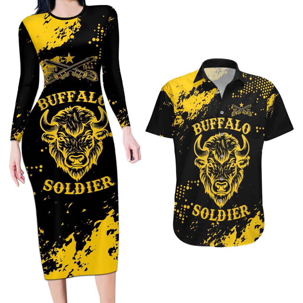 Personalized Bison Buffalo Soldiers Couples Matching Long Sleeve Bodycon Dress and Hawaiian Shirt American Heroes - Black Grunge Style - Wonder Print Shop
