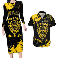 Personalized Bison Buffalo Soldiers Couples Matching Long Sleeve Bodycon Dress and Hawaiian Shirt American Heroes - Black Grunge Style - Wonder Print Shop