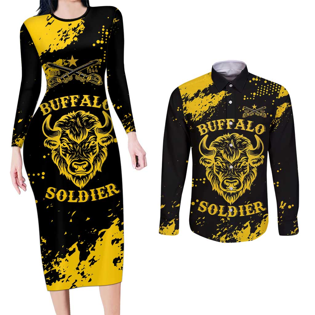 Personalized Bison Buffalo Soldiers Couples Matching Long Sleeve Bodycon Dress and Long Sleeve Button Shirt American Heroes - Black Grunge Style - Wonder Print Shop