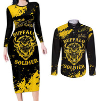 Personalized Bison Buffalo Soldiers Couples Matching Long Sleeve Bodycon Dress and Long Sleeve Button Shirt American Heroes - Black Grunge Style - Wonder Print Shop