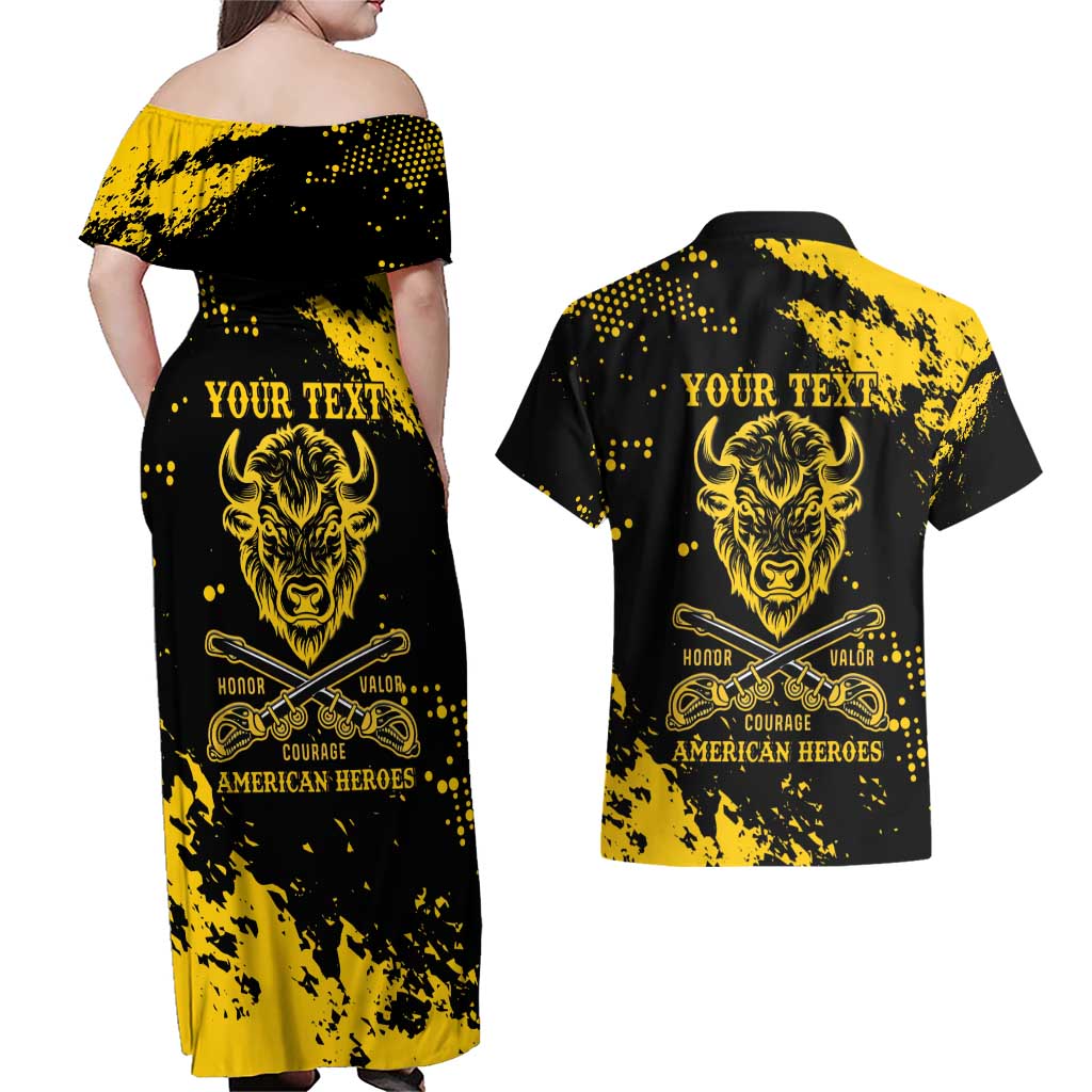 Personalized Bison Buffalo Soldiers Couples Matching Off Shoulder Maxi Dress and Hawaiian Shirt American Heroes - Black Grunge Style - Wonder Print Shop