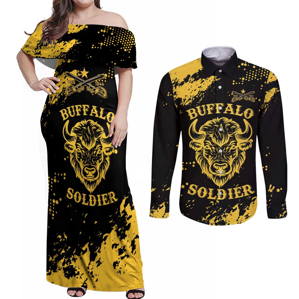 Personalized Bison Buffalo Soldiers Couples Matching Off Shoulder Maxi Dress and Long Sleeve Button Shirt American Heroes - Black Grunge Style - Wonder Print Shop