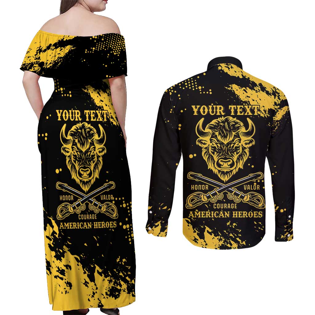 Personalized Bison Buffalo Soldiers Couples Matching Off Shoulder Maxi Dress and Long Sleeve Button Shirt American Heroes - Black Grunge Style - Wonder Print Shop