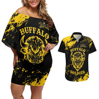 Personalized Bison Buffalo Soldiers Couples Matching Off Shoulder Short Dress and Hawaiian Shirt American Heroes - Black Grunge Style - Wonder Print Shop