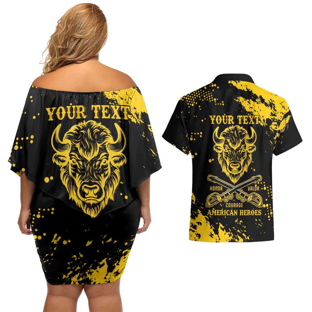 Personalized Bison Buffalo Soldiers Couples Matching Off Shoulder Short Dress and Hawaiian Shirt American Heroes - Black Grunge Style - Wonder Print Shop