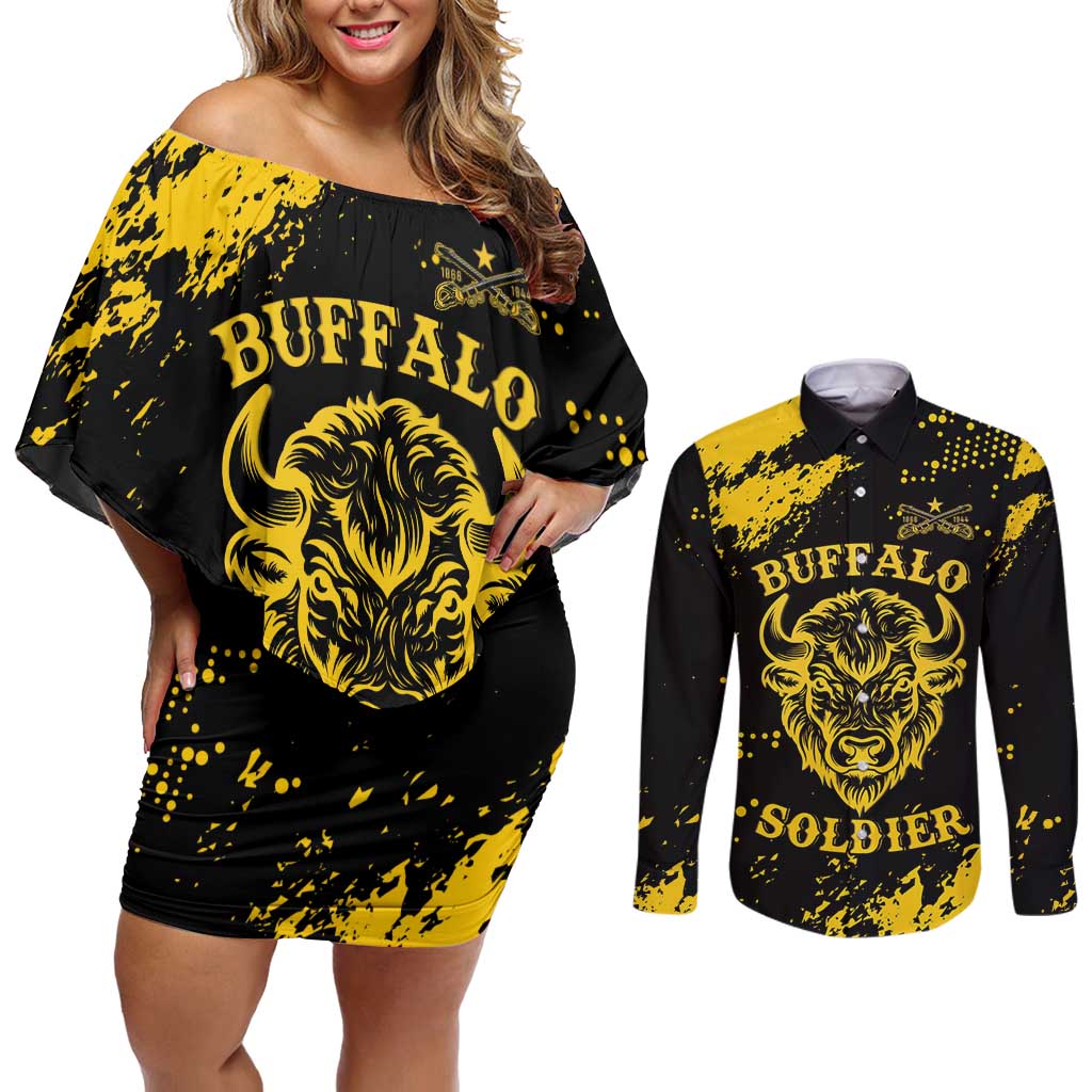 Personalized Bison Buffalo Soldiers Couples Matching Off Shoulder Short Dress and Long Sleeve Button Shirt American Heroes - Black Grunge Style - Wonder Print Shop
