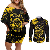 Personalized Bison Buffalo Soldiers Couples Matching Off Shoulder Short Dress and Long Sleeve Button Shirt American Heroes - Black Grunge Style - Wonder Print Shop