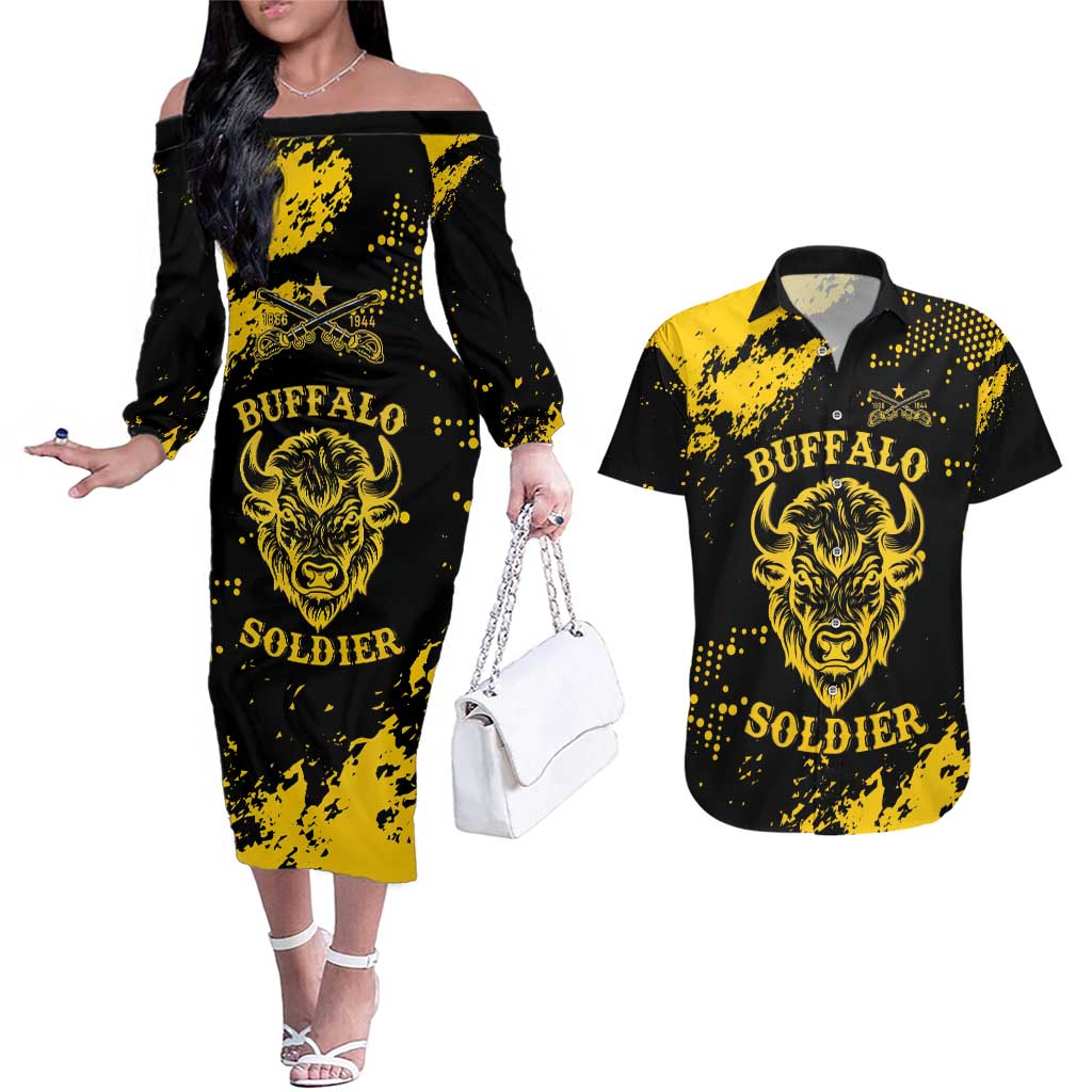 Personalized Bison Buffalo Soldiers Couples Matching Off The Shoulder Long Sleeve Dress and Hawaiian Shirt American Heroes - Black Grunge Style - Wonder Print Shop