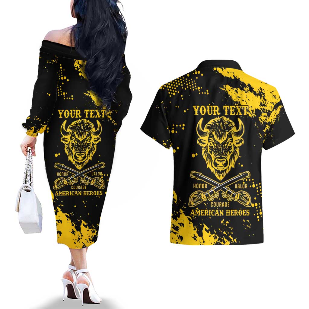 Personalized Bison Buffalo Soldiers Couples Matching Off The Shoulder Long Sleeve Dress and Hawaiian Shirt American Heroes - Black Grunge Style - Wonder Print Shop