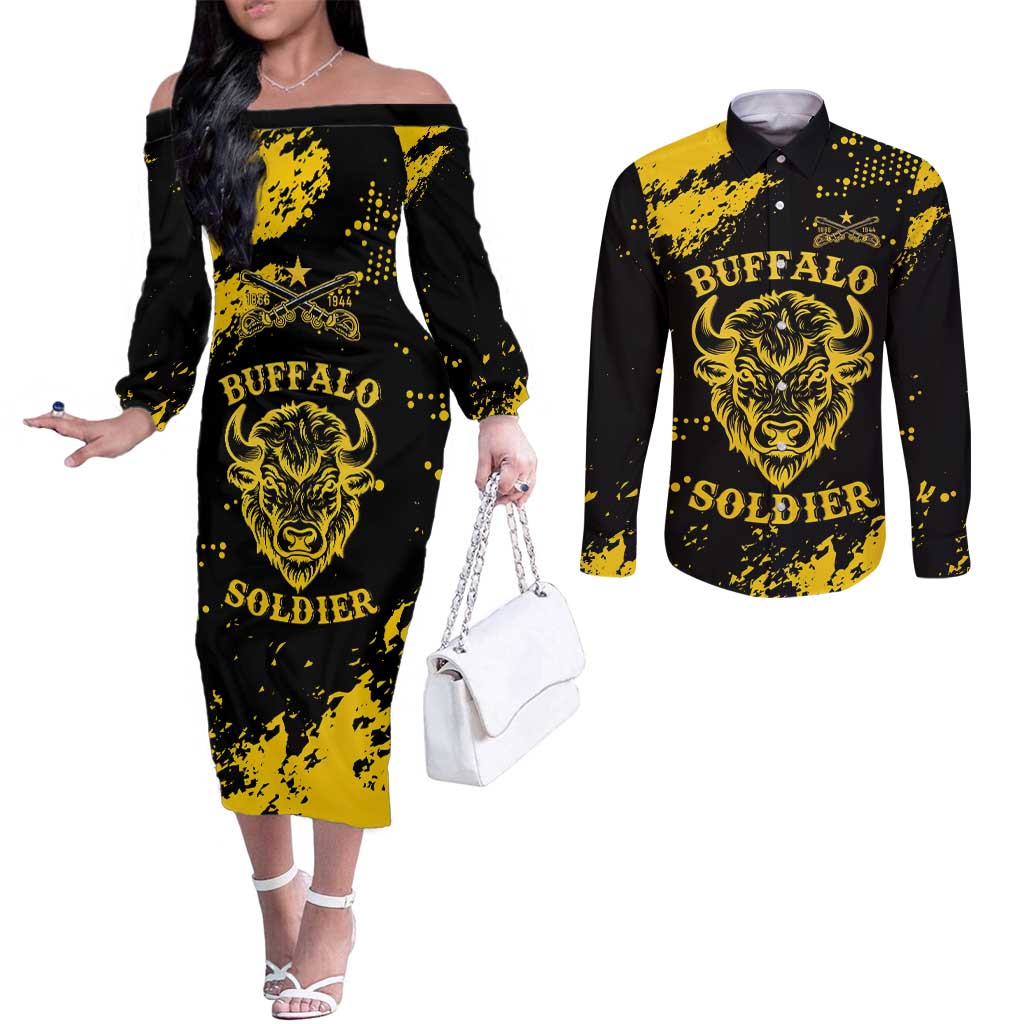 Personalized Bison Buffalo Soldiers Couples Matching Off The Shoulder Long Sleeve Dress and Long Sleeve Button Shirt American Heroes - Black Grunge Style - Wonder Print Shop