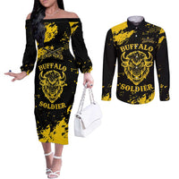 Personalized Bison Buffalo Soldiers Couples Matching Off The Shoulder Long Sleeve Dress and Long Sleeve Button Shirt American Heroes - Black Grunge Style - Wonder Print Shop