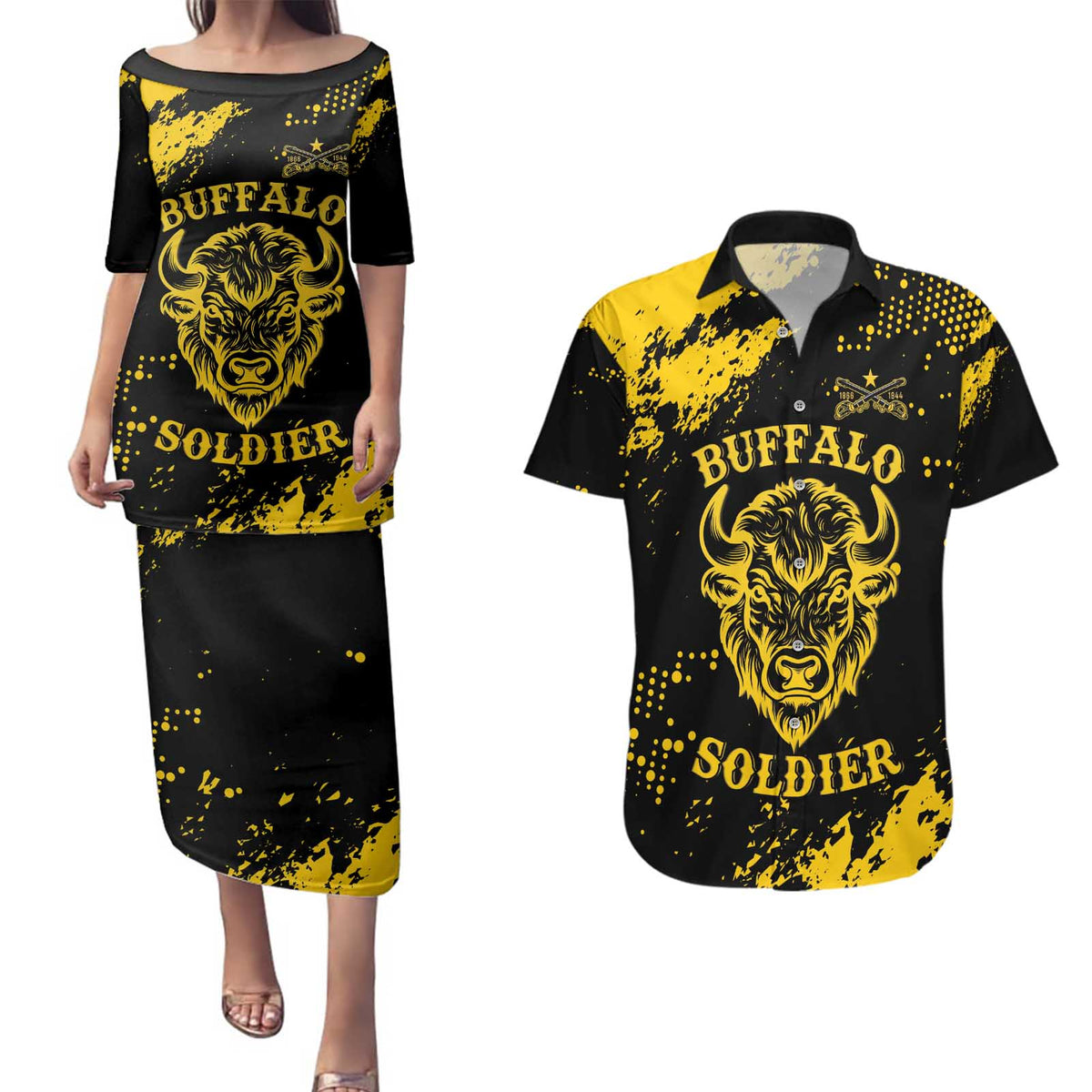 Personalized Bison Buffalo Soldiers Couples Matching Puletasi and Hawaiian Shirt American Heroes - Black Grunge Style - Wonder Print Shop