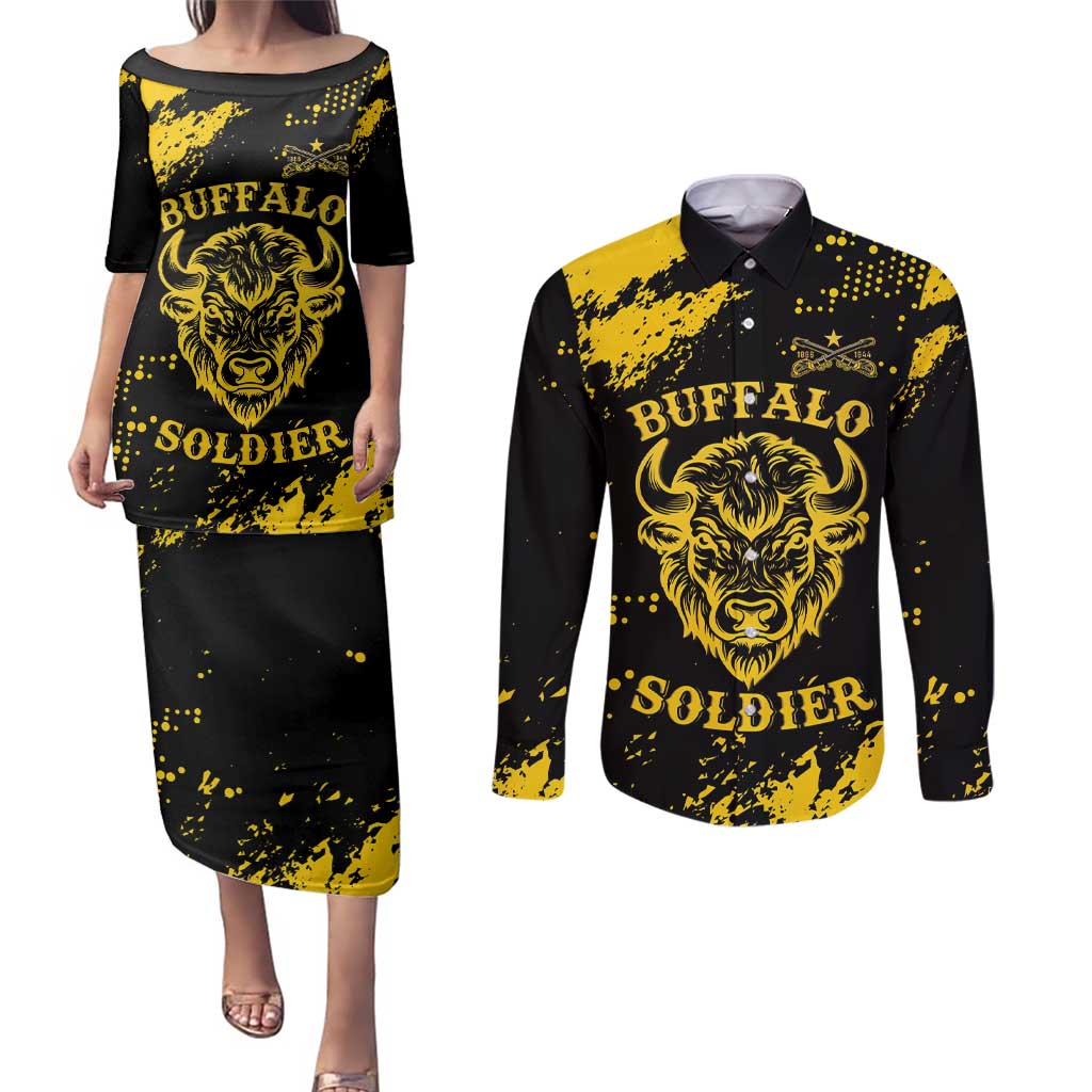 Personalized Bison Buffalo Soldiers Couples Matching Puletasi and Long Sleeve Button Shirt American Heroes - Black Grunge Style - Wonder Print Shop