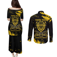 Personalized Bison Buffalo Soldiers Couples Matching Puletasi and Long Sleeve Button Shirt American Heroes - Black Grunge Style - Wonder Print Shop