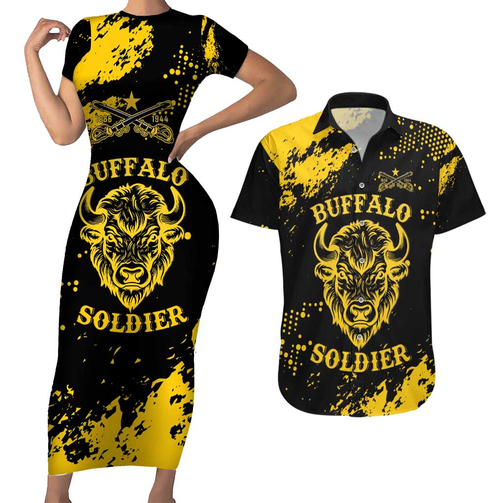 Personalized Bison Buffalo Soldiers Couples Matching Short Sleeve Bodycon Dress and Hawaiian Shirt American Heroes - Black Grunge Style - Wonder Print Shop