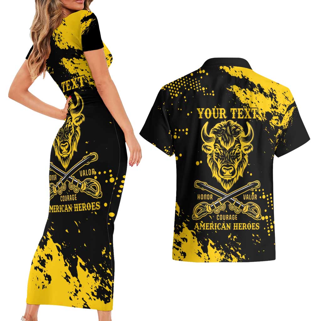 Personalized Bison Buffalo Soldiers Couples Matching Short Sleeve Bodycon Dress and Hawaiian Shirt American Heroes - Black Grunge Style - Wonder Print Shop